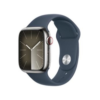 Apple Watch Series 9 Silver Stainless Steel Case with Storm Blue Sport Band